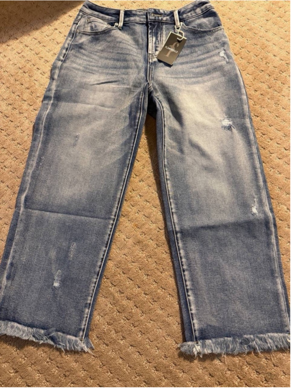 Flamingals high-rise straight-leg capri jeans with a distressed raw frayed hem L